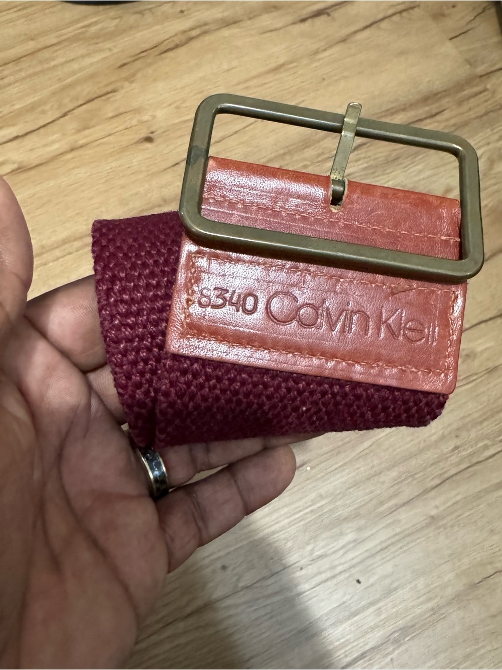 Calvin Klein Maroon Woven Belt with Tan Leather Trim